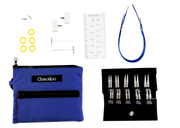 ChiaoGoo Twist Shorties Interchangeable set showing blue pouch, 2 and 3 inch tips, and accessories