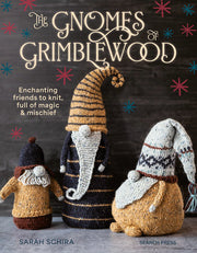 The Gnomes of Grimblewood book cover, showing three knitted gnomes with hats and beards