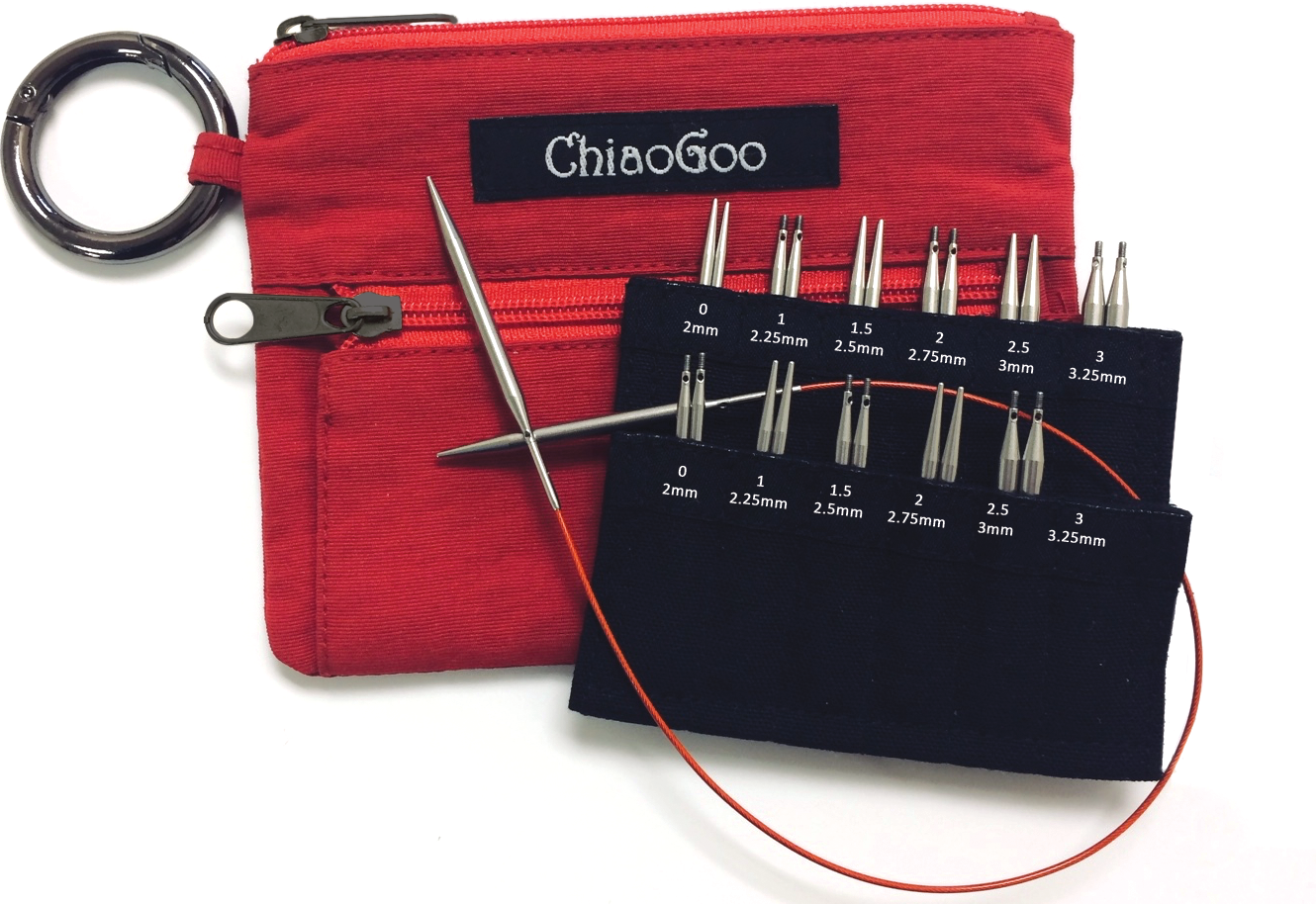 ChiaoGoo Twist Shorties Interchangeable set showing red pouch and 2 and 3 inch tips