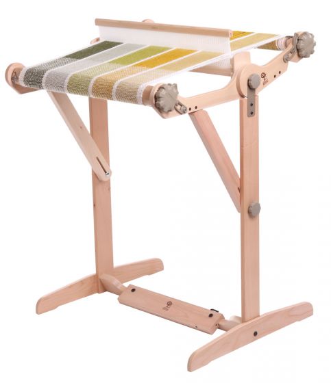 Ashford Knitter's Loom stand, variable, shown with warped rigid heddle loom attached