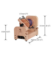 Ashford E-spinner electric spinning wheel specifications image. The Ashford E-spinner is 8.5 inches high and 10.25 inches long total.