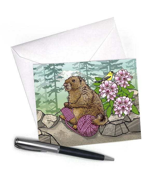 Greeting Card, Knitting Marmot, Blank