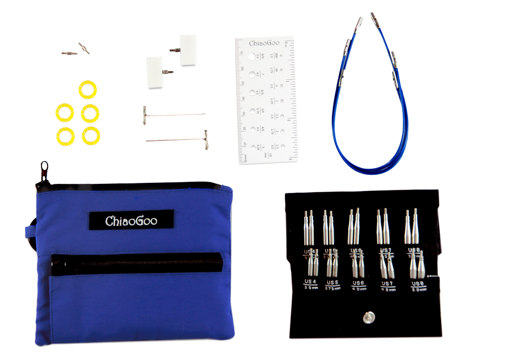 ChiaoGoo Twist Shorties Interchangeable set showing blue pouch, 2 and 3 inch tips, and accessories