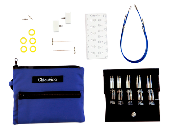 ChiaoGoo Twist Shorties Interchangeable set showing blue pouch, 2 and 3 inch tips, and accessories